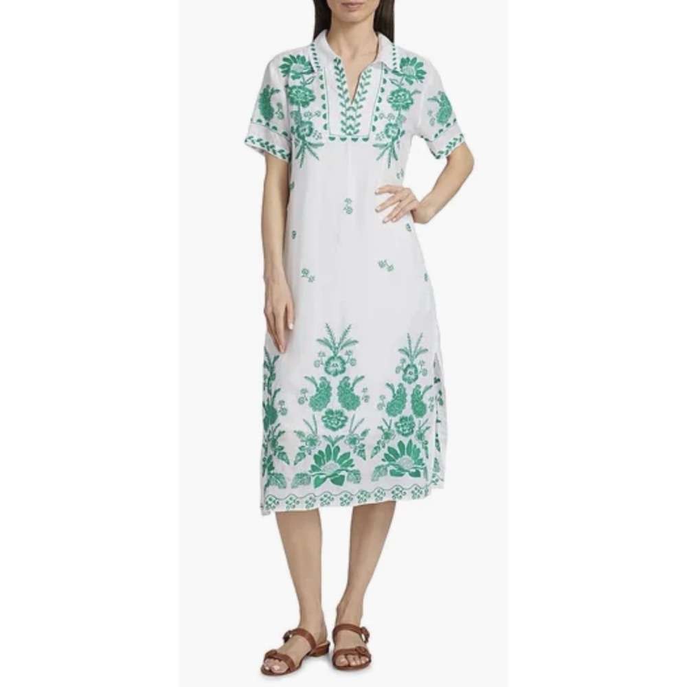 Johnny Was Henley Collared Dress  Hyacinth White Size Small Green Embroidered